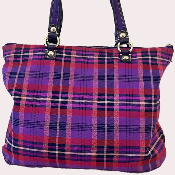 Coach Limited Edition Poppy Purple Tartan Plaid Large Glam Tote Bag - Picture 2 of 10